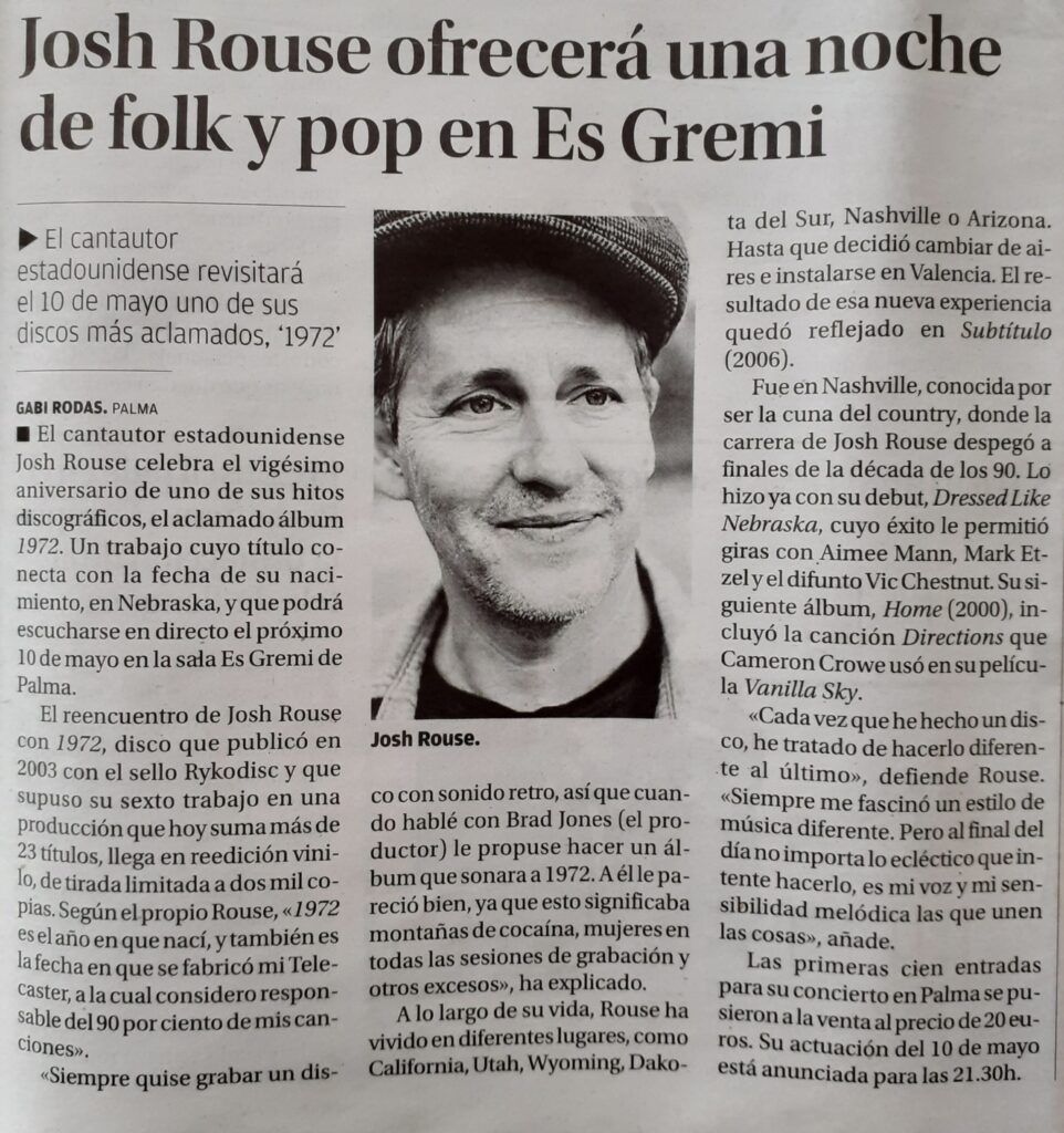 Cultura. El 10 de mayo el folk pop de Josh Rouse visita Es Gremi